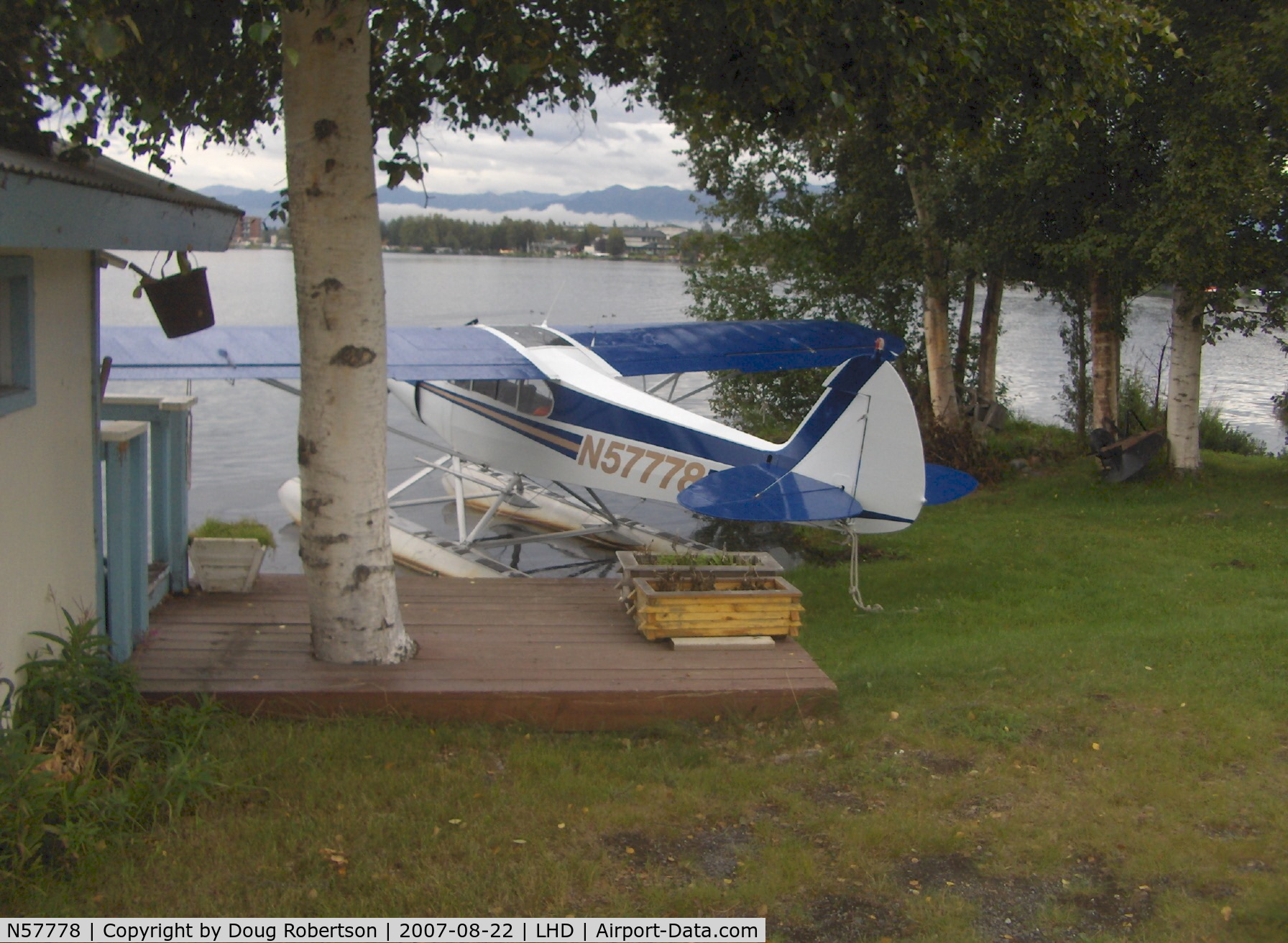N57778, Piper PA-18-150 Super Cub C/N 18-7709129, 1977 Piper PA-18-150 SUPER CUB on floats, Lycoming O-320 150 Hp, with very nice 'line shack' & mooring on Lake Spenard contiguous with Lake Hood.