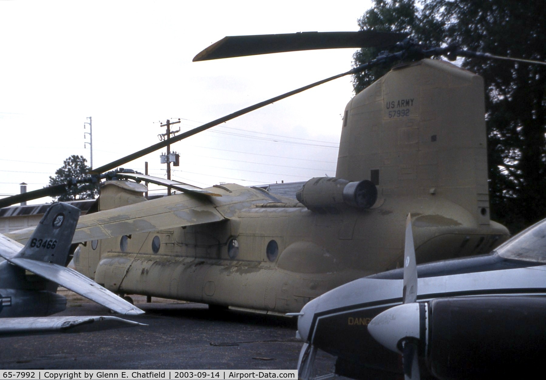 65-7992, 1965 Boeing Vertol CH-47A Chinook C/N B.164, CH-47A at the Army Aviation Museum.  It was modified as protoype BV-347 by stretching the cabin, retractable gear, 4-blade rotors, and wing