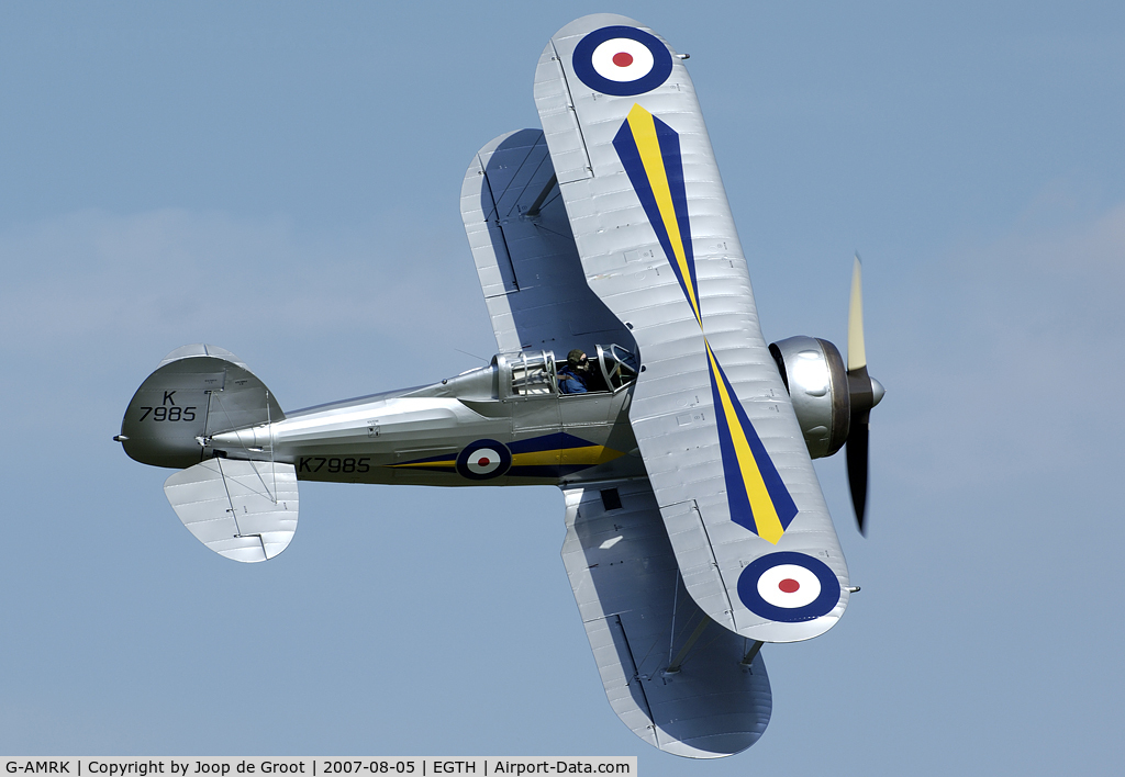 G-AMRK, 1937 Gloster Gladiator Mk1 C/N [L8032], During its steep turn in front of the crowds the upper surface 73 Sq squadron bars are well visible.