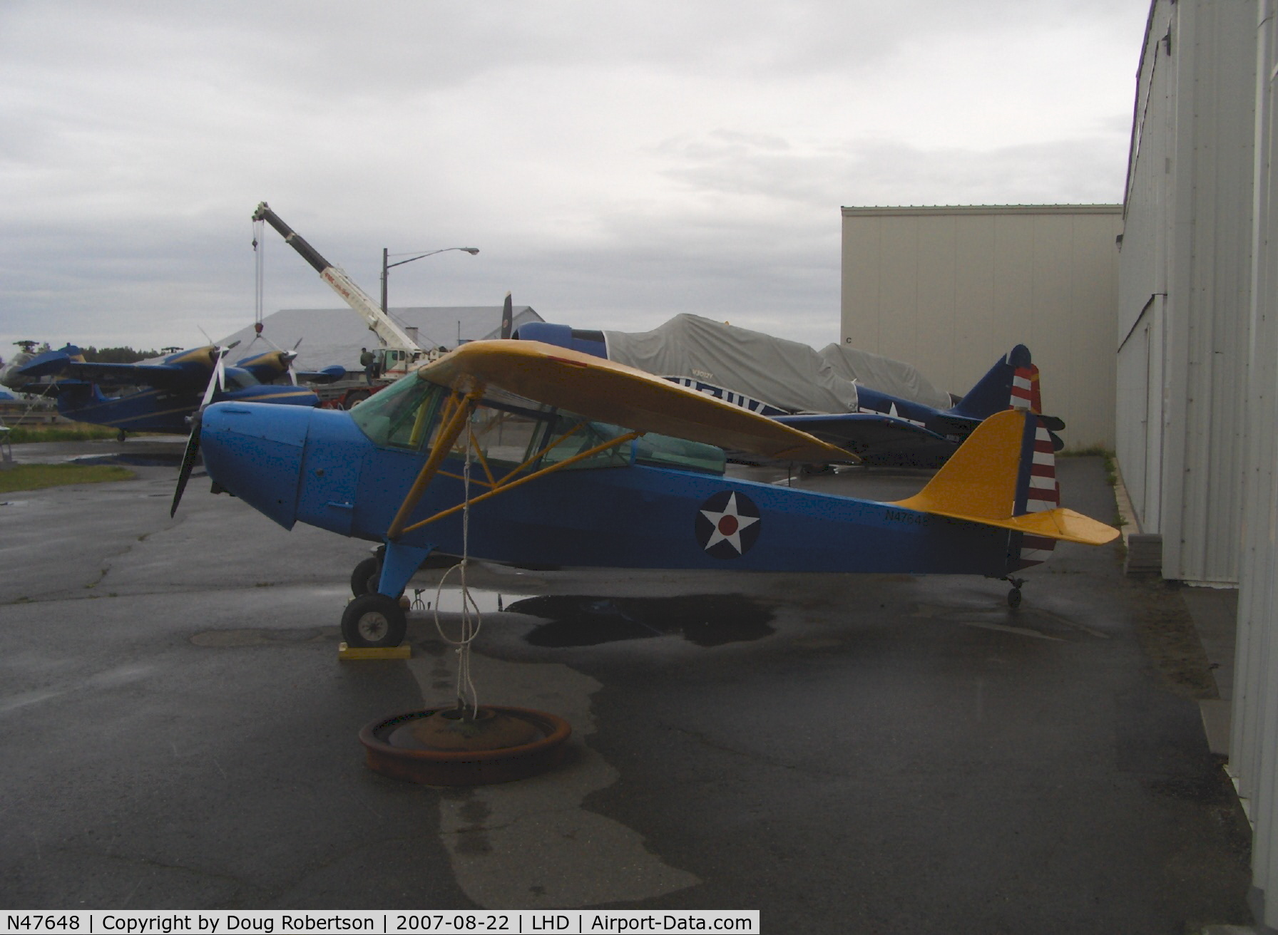 N47648, 1943 Taylorcraft DCO-65 C/N 5416, 1943 Taylorcraft DCO as L-2A-TA GRASSHOPPER liaison, Continental A&C65 65 Hp, tandem seating, cabin mod for visibility, at Alaska Aviation Heritage Museum