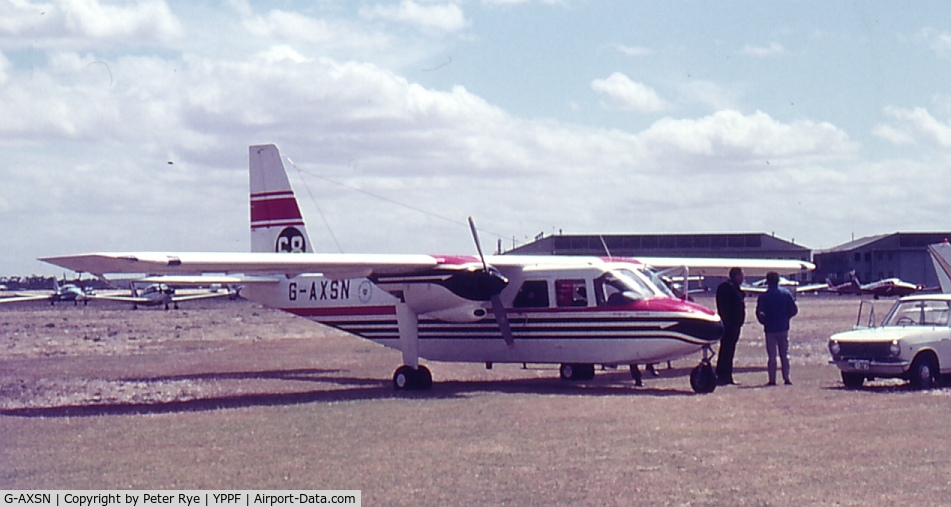 G-AXSN, 1969 Britten-Norman BN-2A Islander C/N 81, At Parafield airfield, Souh Australia, during the commemorative LOndon-Sydney air race