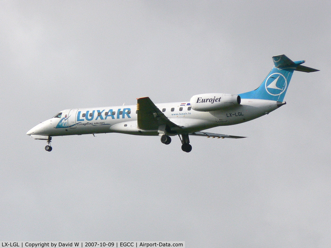 LX-LGL, 2005 Embraer ERJ-135LR (EMB-135LR) C/N 14500893, Just about to land at Manchester.