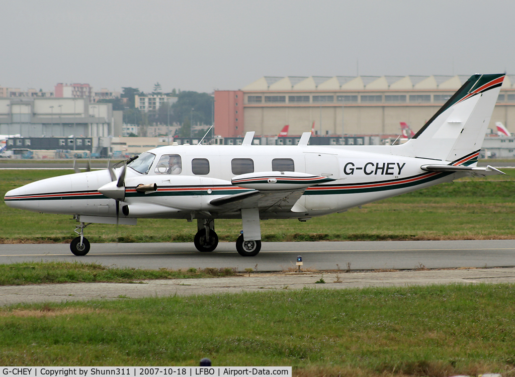 G-CHEY, 1981 Piper PA-31T2-620 Cheyenne IIXL C/N 31T-8166033, Taxiing rwy 32R for departure