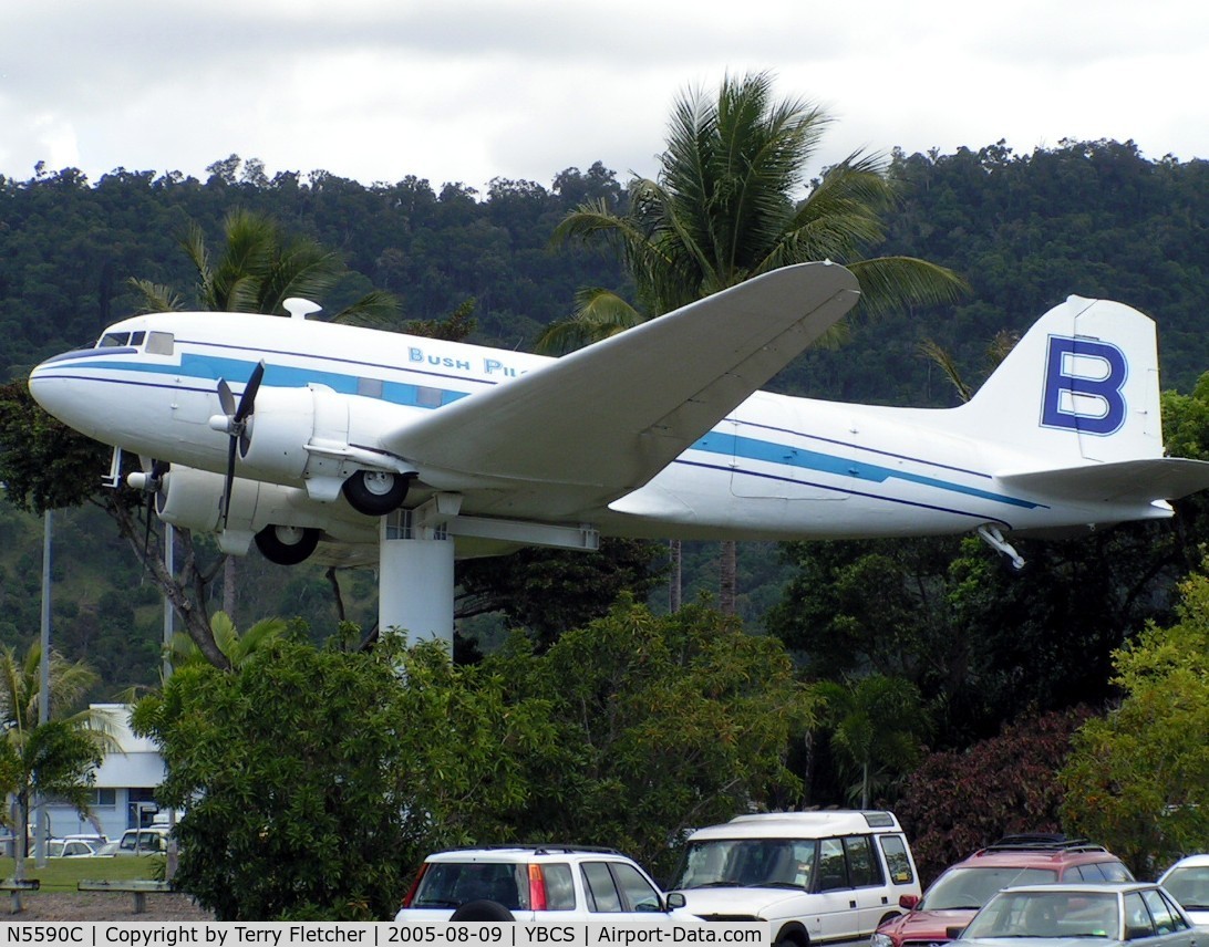 N5590C, 1942 Douglas C-47A-1-DK (DC-3A) C/N 12187, unmarked Douglas DC3 on a pole at centre of Cairns Airport