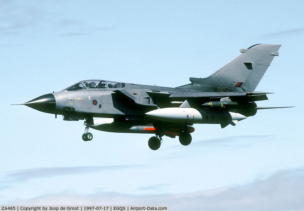 ZA465, 1983 Panavia Tornado GR.1B C/N 278/BS095/3131, When the Tornado took over the anti shipping role the GR1B version was introduced. This is a rare sighting of a Tornado cerrying the Sea Eagle anti shipping missile. ZA465 is now preserved in Duxford.