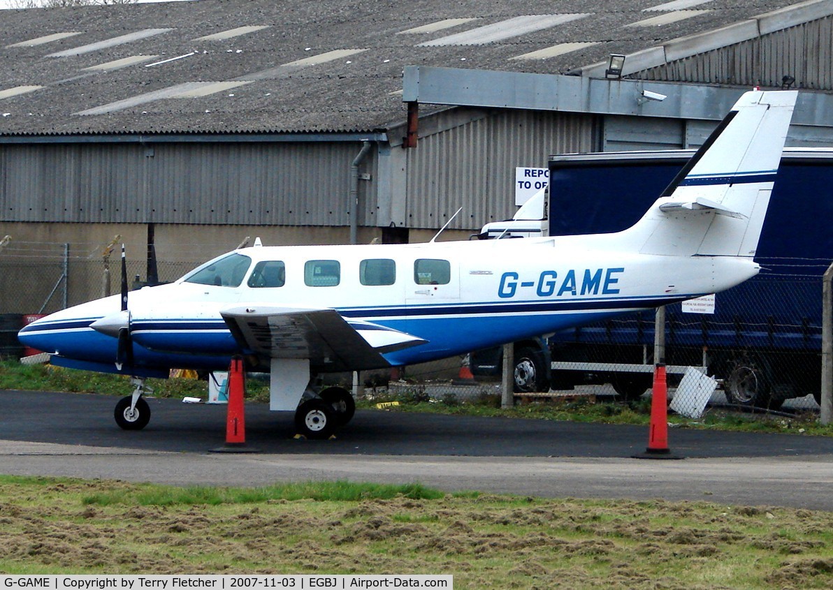 G-GAME, 1982 Cessna T303 Crusader C/N T303-00098, Busy late afternoon at Gloucestershire (Staverton) Airport