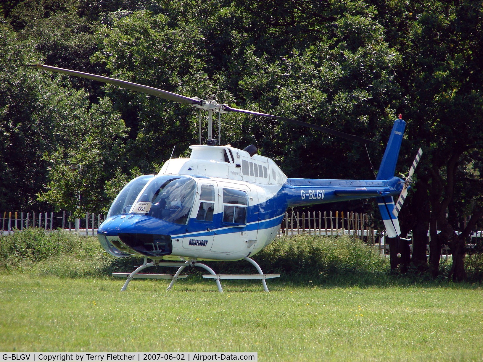 G-BLGV, 1973 Bell 206B JetRanger II C/N 982, Helicopters arrive at the temporary Heliport on 2007 Epsom Derby Day (Horse racing)