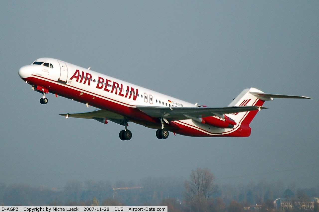 D-AGPB, 1989 Fokker 100 (F-28-0100) C/N 11278, Climbing out of Duesseldorf