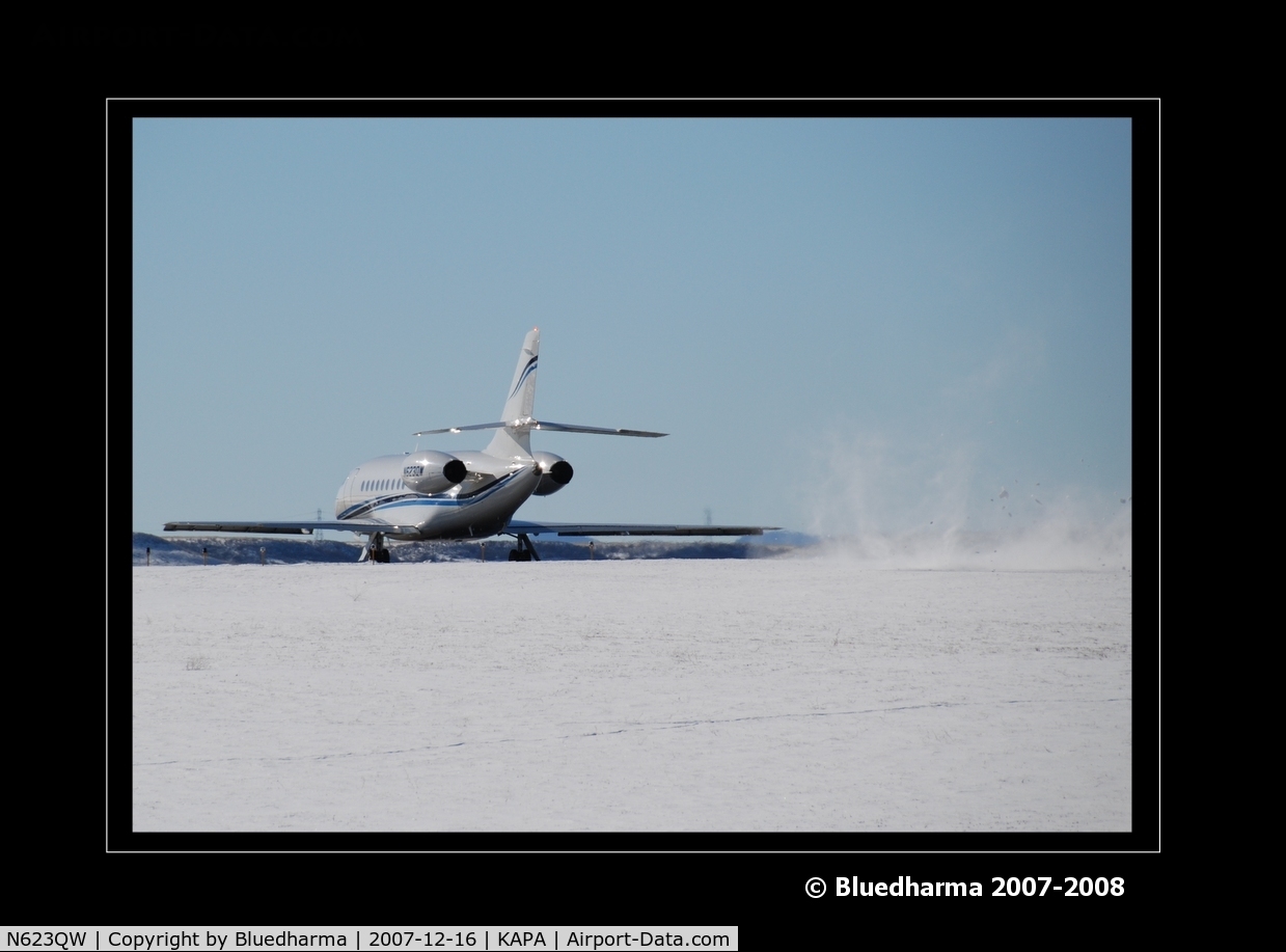 N623QW, 1996 Dassault Falcon 2000 C/N 44, Snow flys everywhere when engines throttle up.