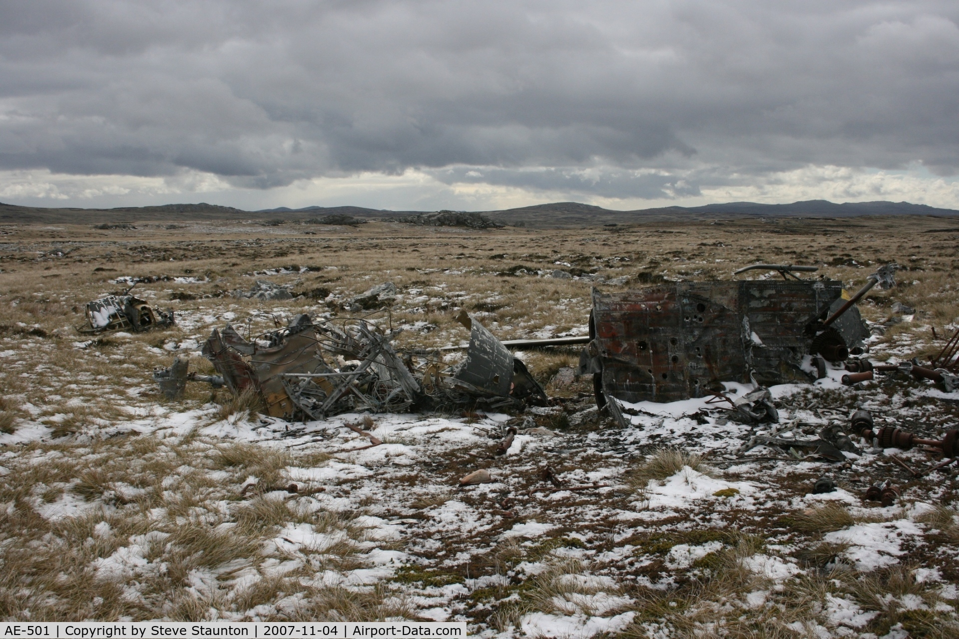 AE-501, Aérospatiale SA-330L Puma C/N 1540, Wrecked Westland Puma of the Argentine AF located at the foot of Mount Kent, Falkland Island. This aircraft was destroyed during the 1982 Falklands Conflict.