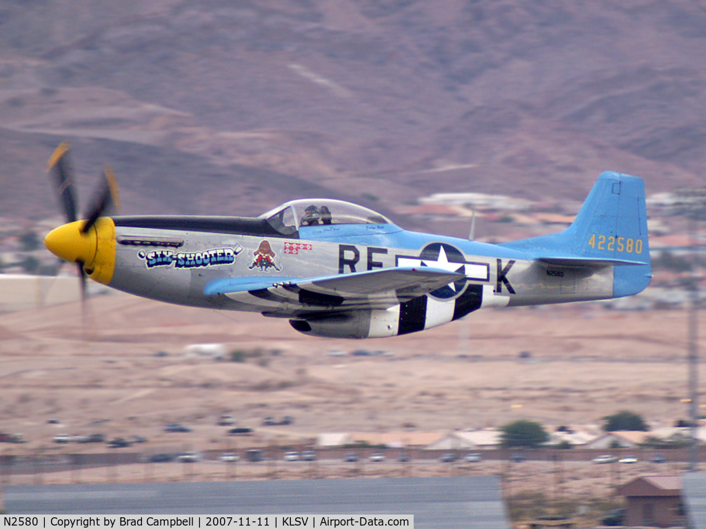 N2580, 1967 North American F-51D Mustang C/N AF-67-22580, 1967 North American F-51D / Originally configured as a Cavalier F-51D Mustang. Aircraft went to Bolivian AF in October of 1967 as FAB 520 and then sold to a Canadian user as C-CXUQ in 1977. It then became N151RK in 1986 and is now known as 'Six-Shooter'.