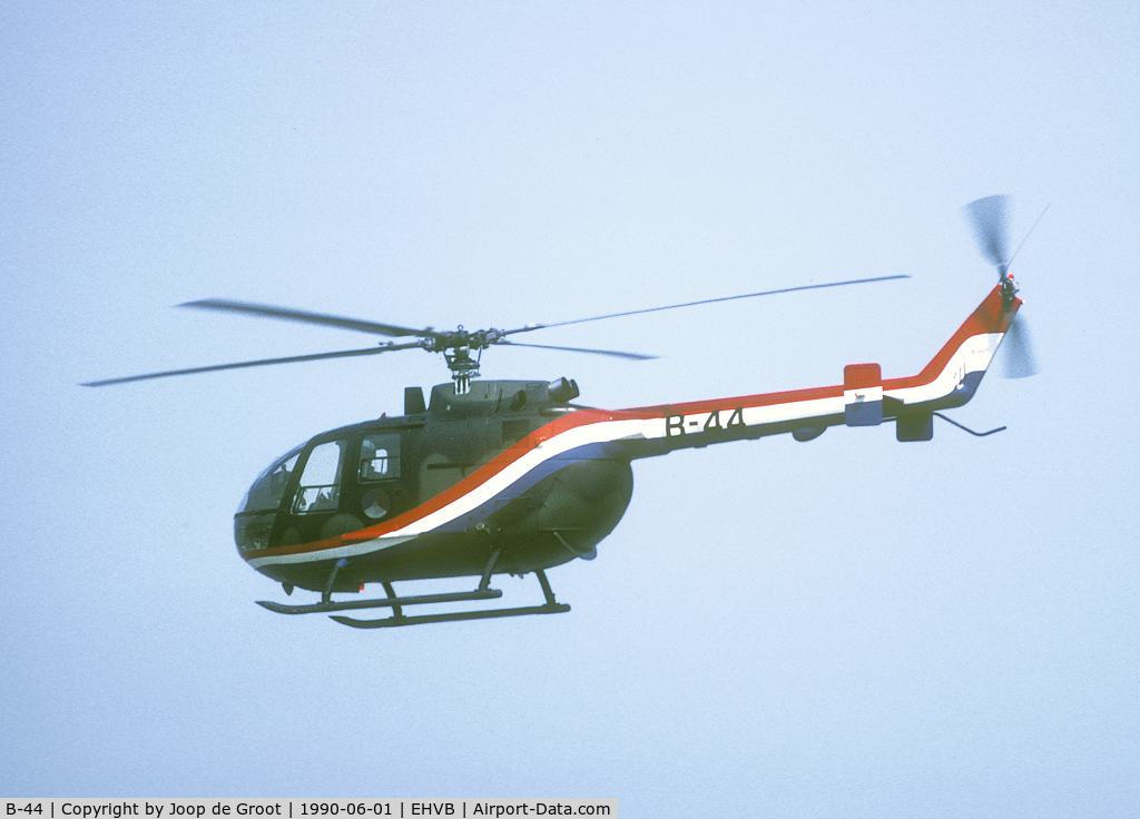 B-44, MBB Bo-105CB C/N S-244, In 1990 the Netherlands AF had two Bo-105's painted in special display colors. In the years afterwards no such painting was applied anymore.