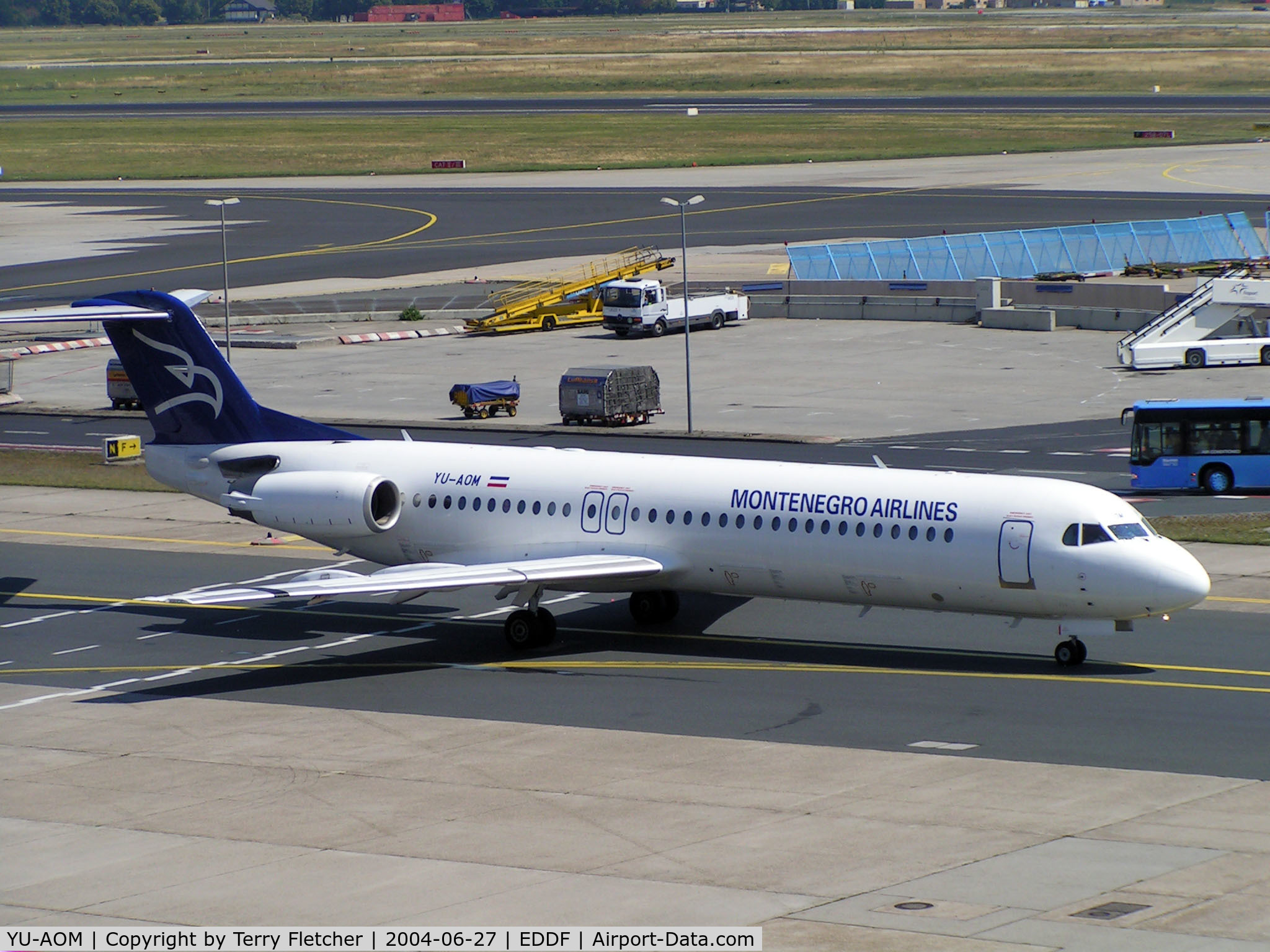 YU-AOM, 1990 Fokker 100 (F-28-0100) C/N 11321, Montenegro Airlines Fokker 100 taxies for departure at Frankfurt in 2004