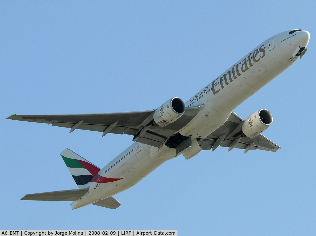 A6-EMT, 2002 Boeing 777-31H C/N 32699, Emirates triple seven, taking off RWY 25 of Fiumicino-International Airport.