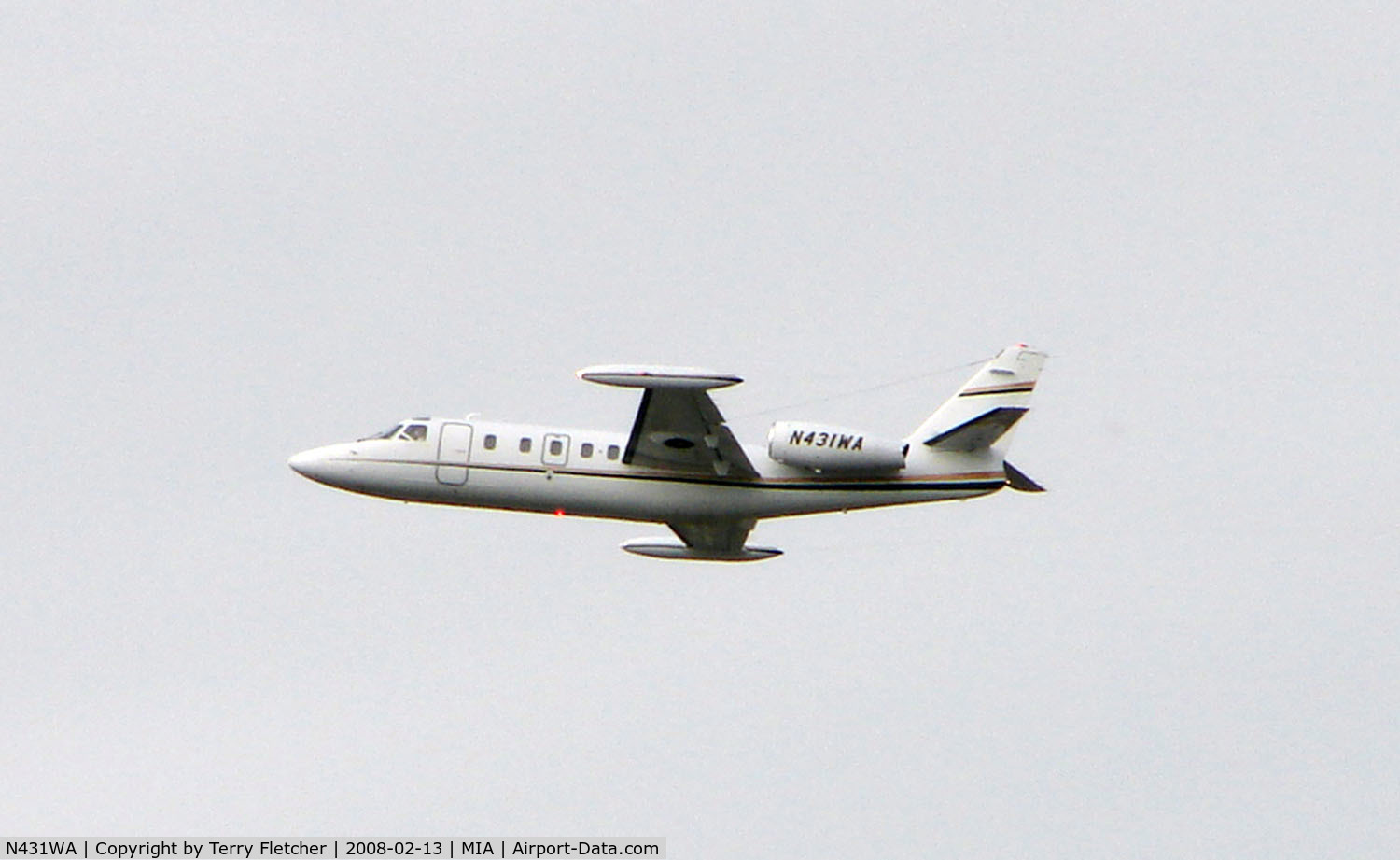 N431WA, 1987 Israel Aircraft Industries IAI-1124A Westwind II C/N 431, Westwind climbs away from Miami in Feb 2008