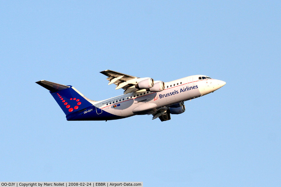 OO-DJY, 1997 British Aerospace Avro 146-RJ85 C/N E.2302, Leaving Brussels Airport from rwy 20