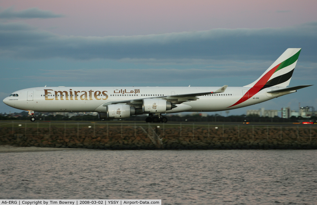 A6-ERG, Airbus A340-541 C/N 608, Emirates 413 Arriving In Sydney From Christchurch then departing back to Dubai.