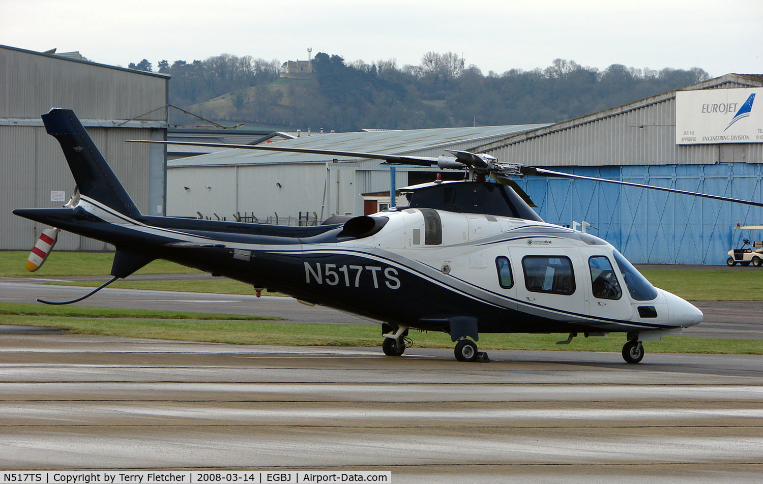 N517TS, 1999 Agusta A-109E C/N 11057, A visitor to Gloucestershire Airport on the day of the horse racing Gold Cup  at the nearby Cheltenham Racecourse