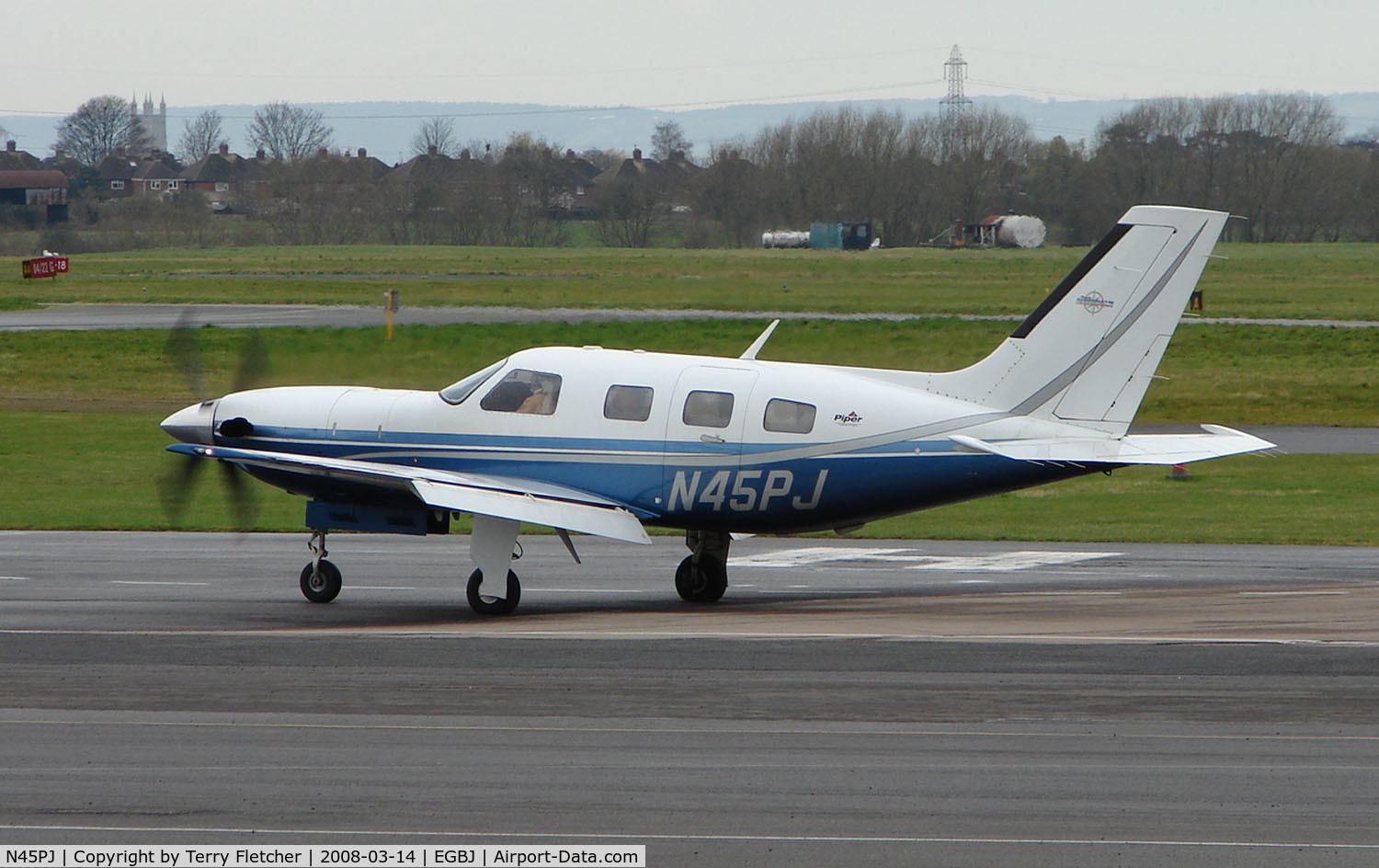 N45PJ, 2001 Piper PA-46-500TP C/N 4697031, A visitor to Gloucestershire Airport on the day of the horse racing Gold Cup  at the nearby Cheltenham Racecourse