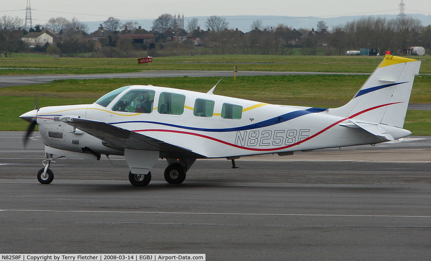 N8258F, 1991 Beech B36TC Bonanza C/N EA-513, A visitor to Gloucestershire Airport on the day of the horse racing Gold Cup  at the nearby Cheltenham Racecourse