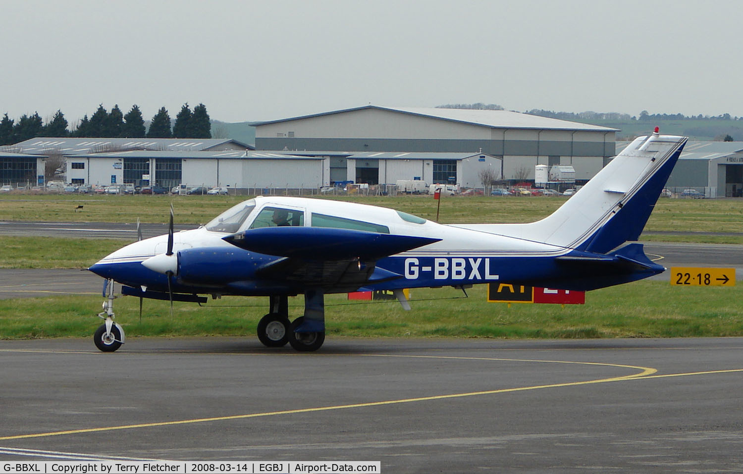 G-BBXL, 1974 Cessna 310Q C/N 310Q1076, A visitor to Gloucestershire Airport on the day of the horse racing Gold Cup  at the nearby Cheltenham Racecourse