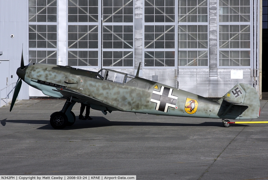 N342FH, 1939 Messerschmitt Bf-109E C/N 1342, At the Flying Heritage Collection hangar