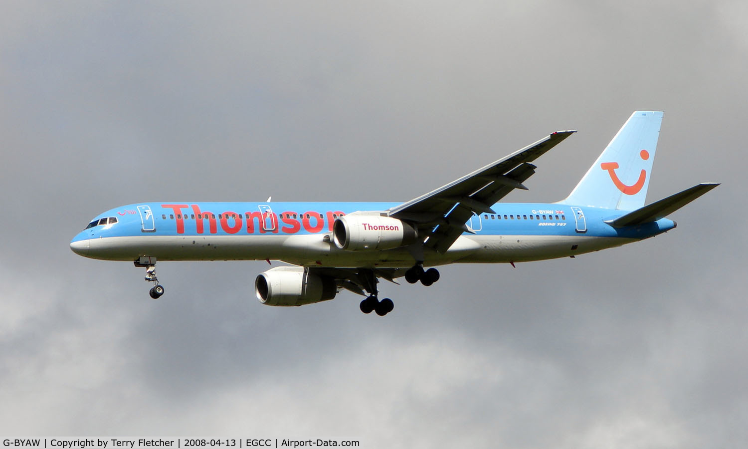 G-BYAW, 1995 Boeing 757-204 C/N 27234, Thomson B757 arriving at Manchester in April 2008