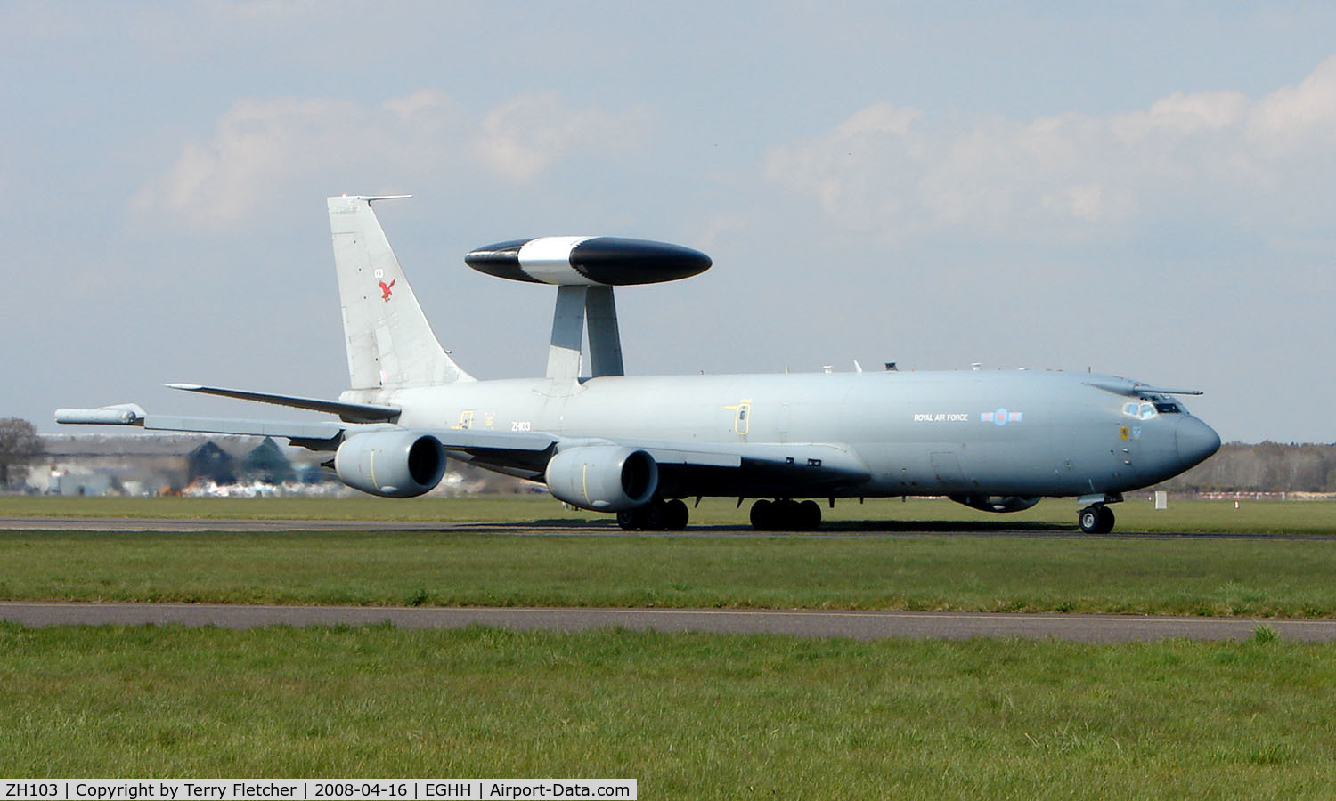 ZH103, 1990 Boeing E-3D Sentry AEW.1 Sentry C/N 24111, AWACS Sentry taxies in at Bournemouth using callsign 'Nato 1 '