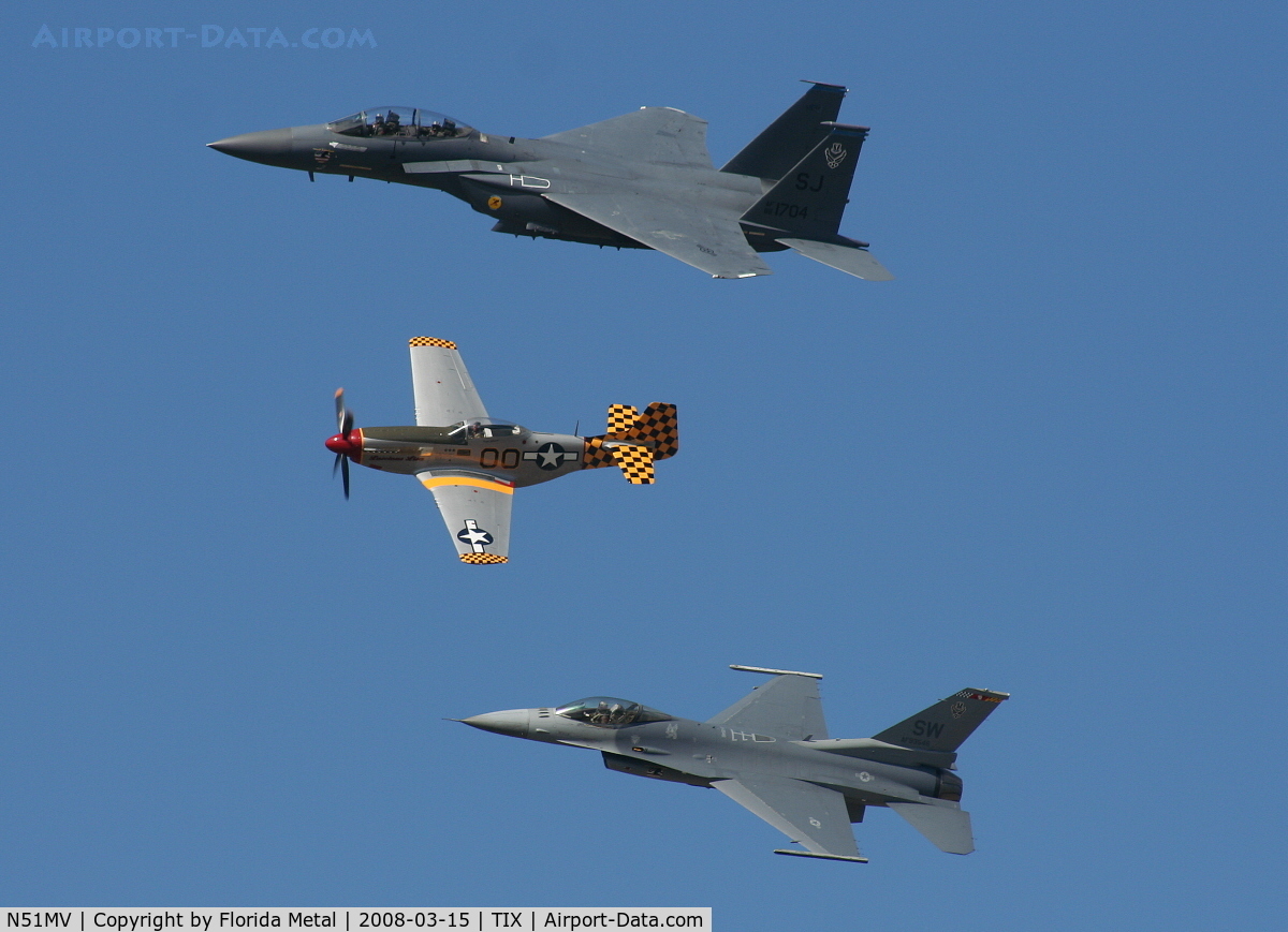 N51MV, 1945 North American F-51D Mustang C/N 45-11391, Dale Snodgrass in formation with F-15 and F-16