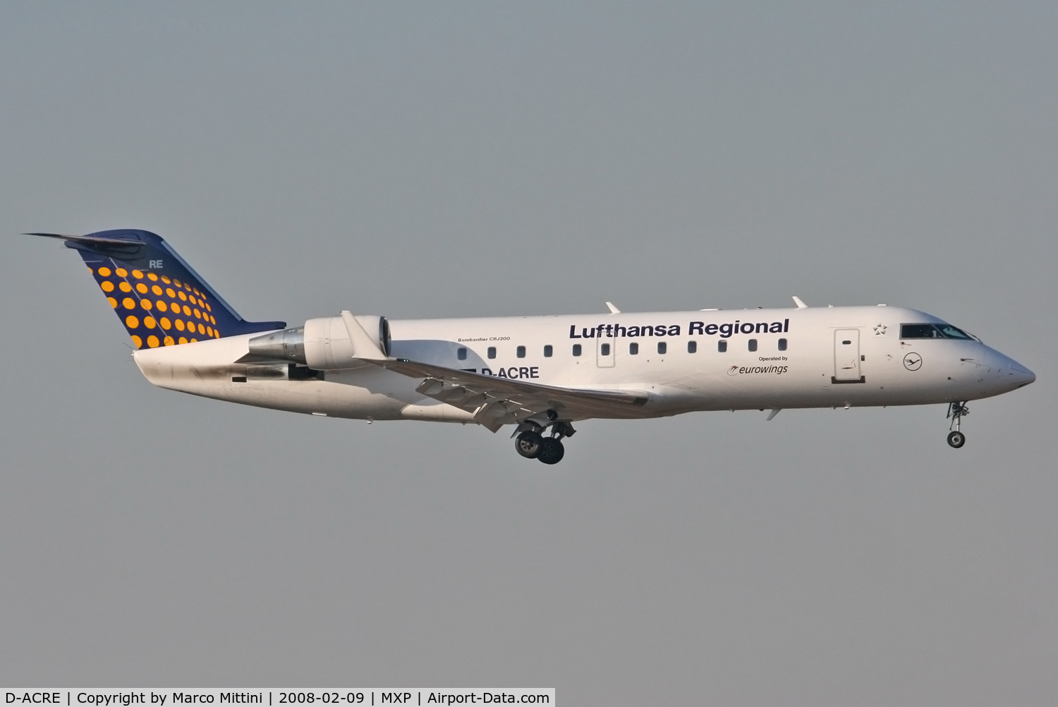 D-ACRE, 2002 Bombardier CRJ-200ER (CL-600-2B19) C/N 7607, Landing at Milano MXP