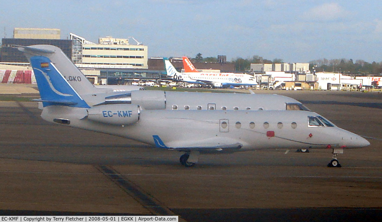 EC-KMF, 2007 Israel Aircraft Industries Gulfstream G150 C/N 233, Spanish Gulfstream 150 on remote stand at London Gatwick - photo from my Easyjet flight from Tenerife