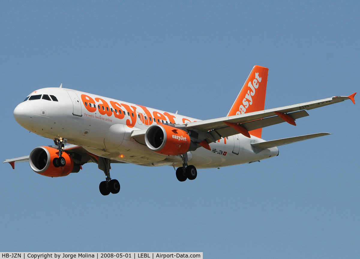 HB-JZN, 2005 Airbus A319-111 C/N 2387, On short final to RWY 25R.