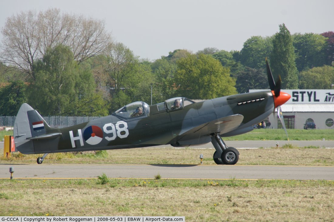 G-CCCA, 1944 Supermarine 509 Spitfire TR.IXc C/N CBAF.9590, Departing the 18 th Antwerp Stampe fly in for a visit to Lelystad with G-BUOS.G-CCCA ended there on his belly for the returnflight.