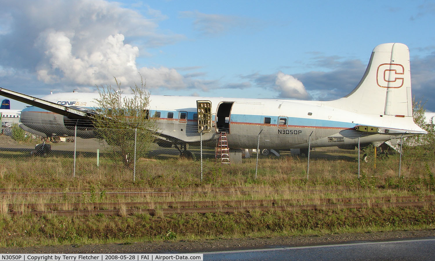 N3050P, 1953 Douglas DC-6A C/N 44073, Delivered new to the Flying Tiger Line as N34957 in 1953 , under the same registration operated for , Northwest Orient , Zantop , Saturn and British West Indian before coming C-GBYB with Conifair