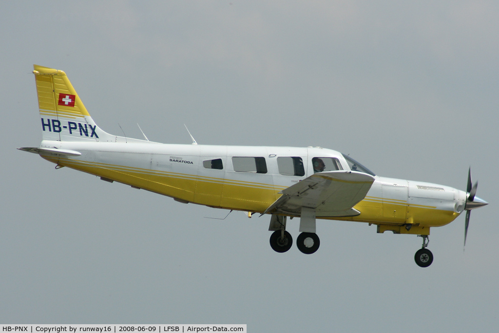 HB-PNX, 1980 Piper PA-32R-301T Turbo Saratoga C/N 32R-8029040, Piper PA-32R-301T Saratoga Flyer Club landing rwy 34