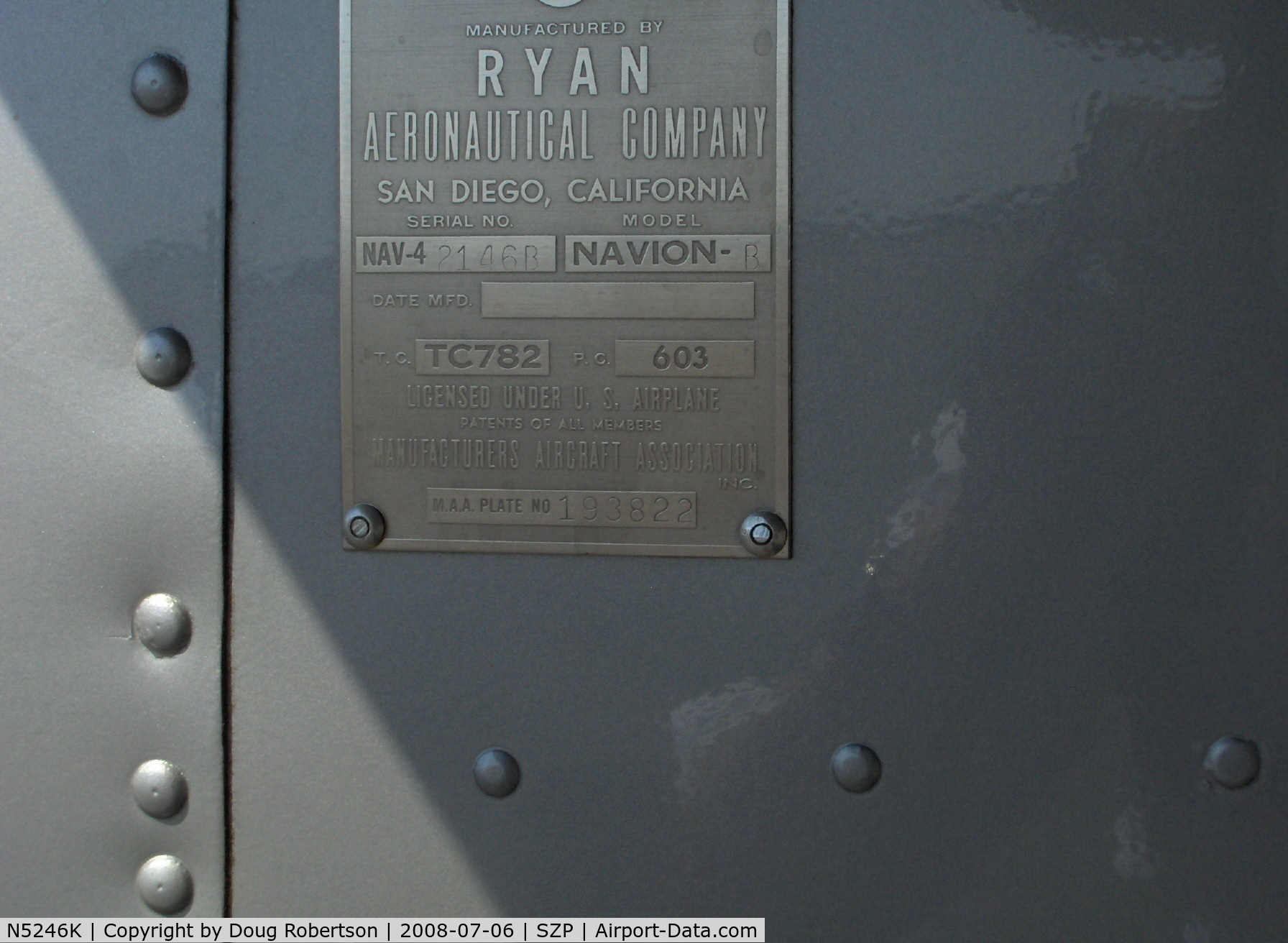N5246K, 1950 Ryan Navion B C/N NAV-4-2146B, 1950 Ryan NAVION B as Korean War L-17, Lycoming GO-435 C&D 260 Hp, builder plate