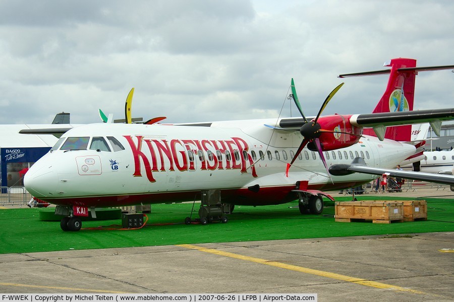 F-WWEK, 2007 ATR 72-212A C/N 750, This aircraft from Kingfisher is here displayed at the Paris Airshow before becoming VT-KAI