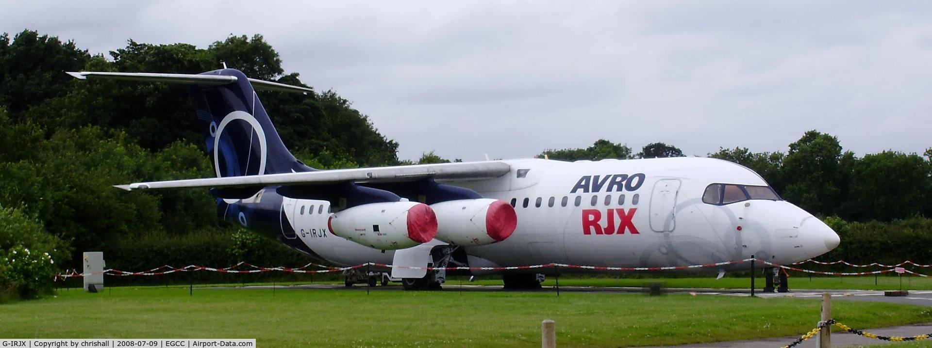 G-IRJX, 2001 British Aerospace Avro 146-RJ100 C/N E3378, on display at the viewing area at Manchester Airport