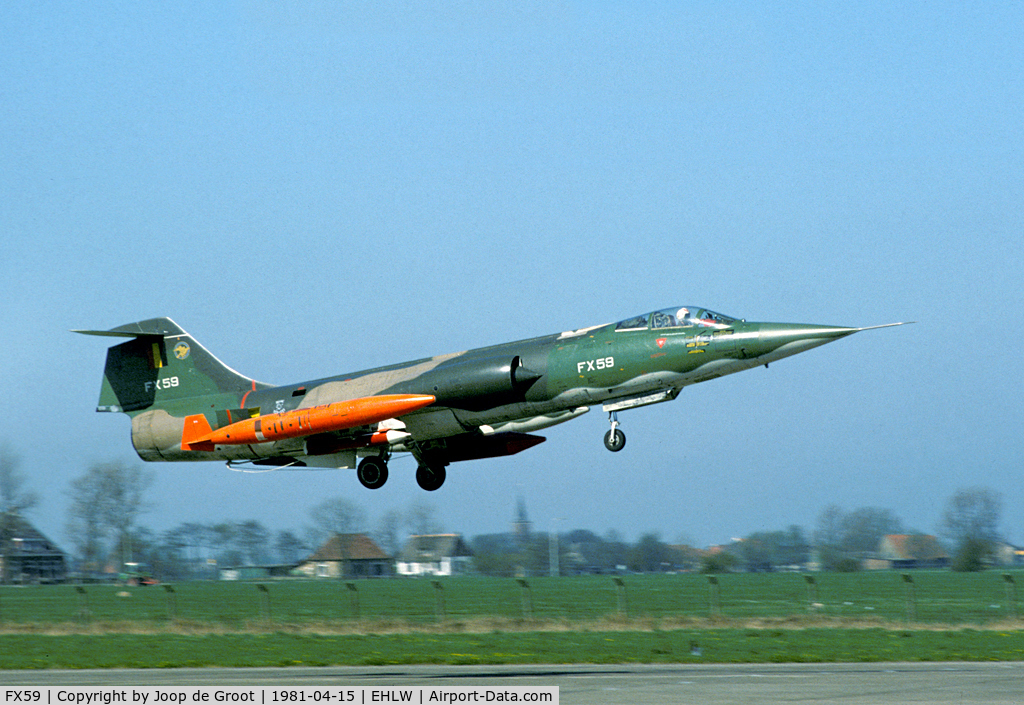 FX59, Lockheed F-104G Starfighter C/N 683-9102, On regular basis Belgian Starfighters came to Leeuwarden for an armament practise camp. This one is fitted with target towing gear