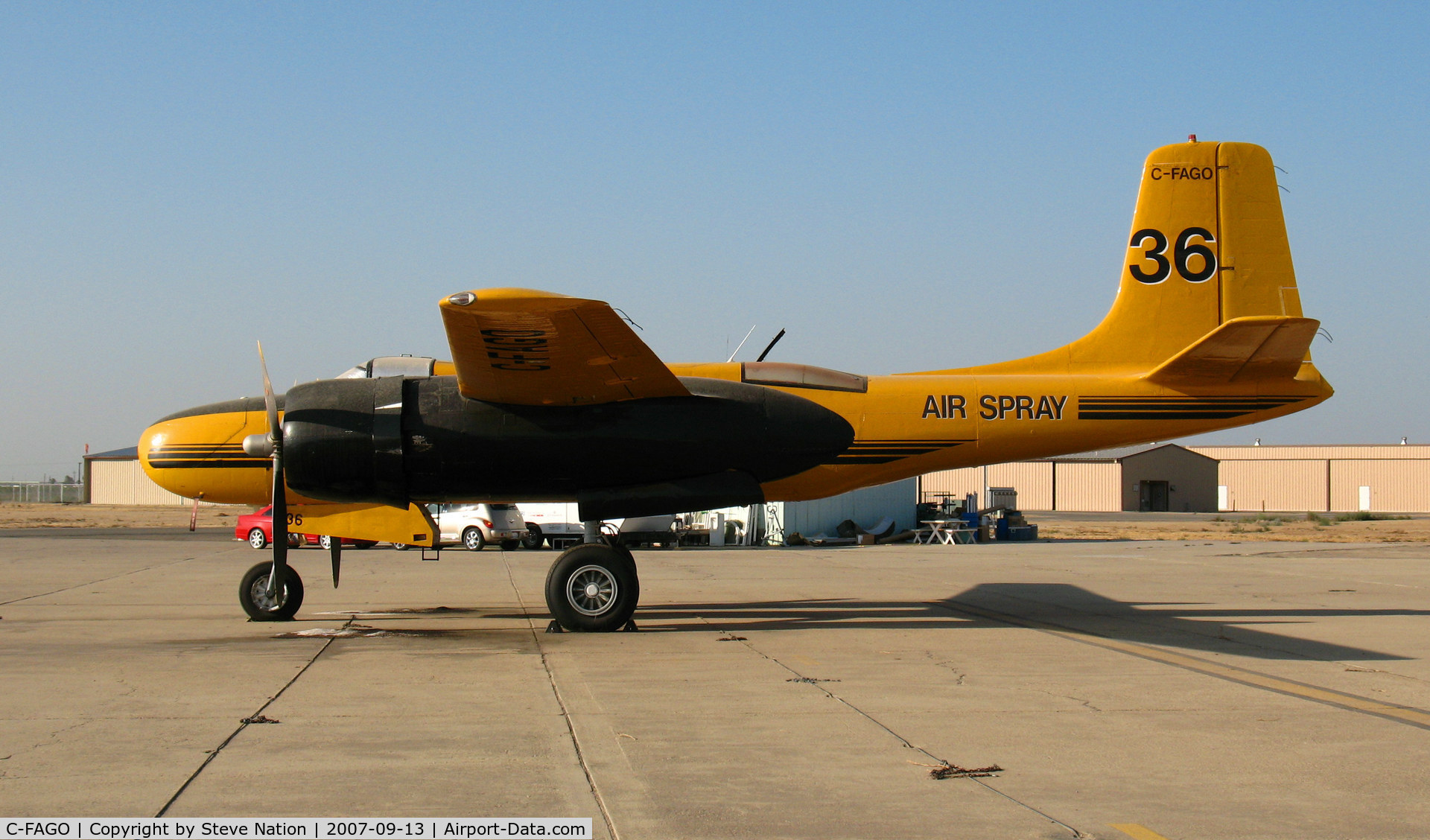 C-FAGO, 1944 Douglas A-26C Invader C/N 28715, AIRSPRAY A-26B tanker #36 at Minter Field (Shafter, CA) ready for conversion to warbird