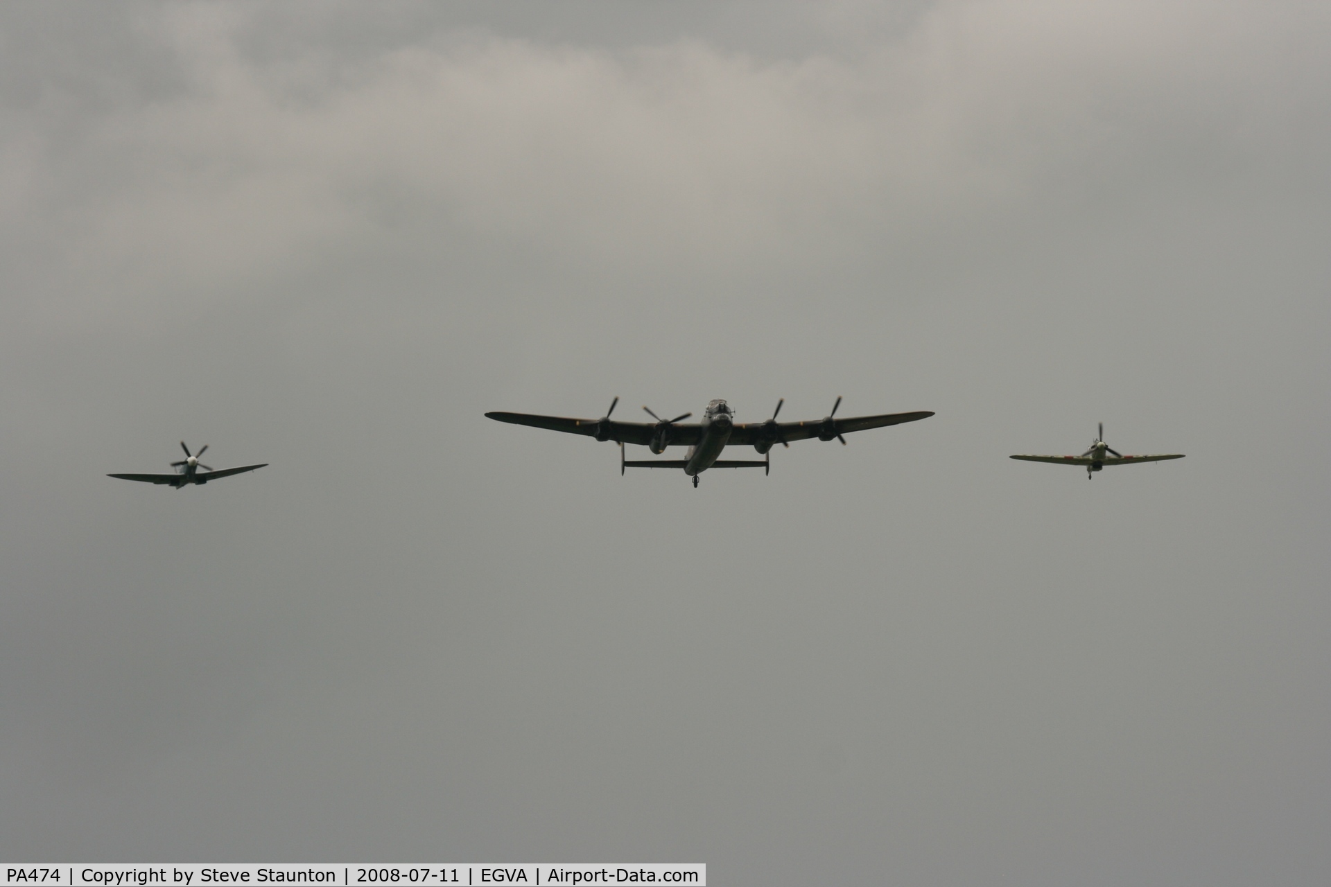 PA474, 1945 Avro 683 Lancaster B1 C/N VACH0052/D2973, Royal Air Force 90th Anniversary fly past 11th July 2008 at RIAT Fairford in front of Her Majesty The Queen on a cold, wet and gloomy English Summers Day