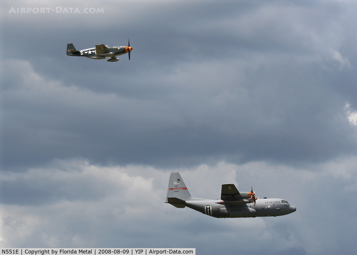 N551E, 1943 North American P-51B-1NA Mustang C/N 102-24700, Jack Roush's P-51B Old Crow flying with C-130