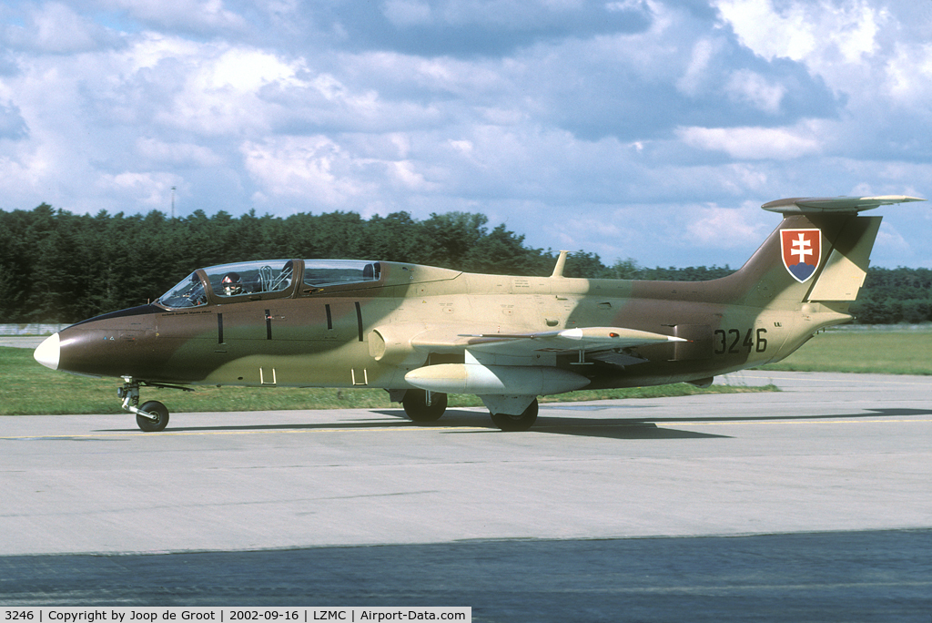 3246, Aero L-29 Delfin C/N 993246, After overhaul in 2001 L-29's of the Slovakia Air Force appeared in this attractive color scheme. The paint used for this job was a leftover from overhaul of Egyptian aircraft. In 2003 the L-29 was completely withdrawn from use.