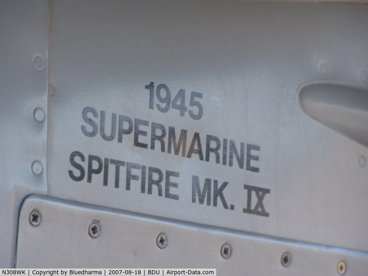 N308WK, 1945 Supermarine 361 Spitfire Tr9 C/N CBAF.4494, TE308 Spitfire Parked at Boulder open house.