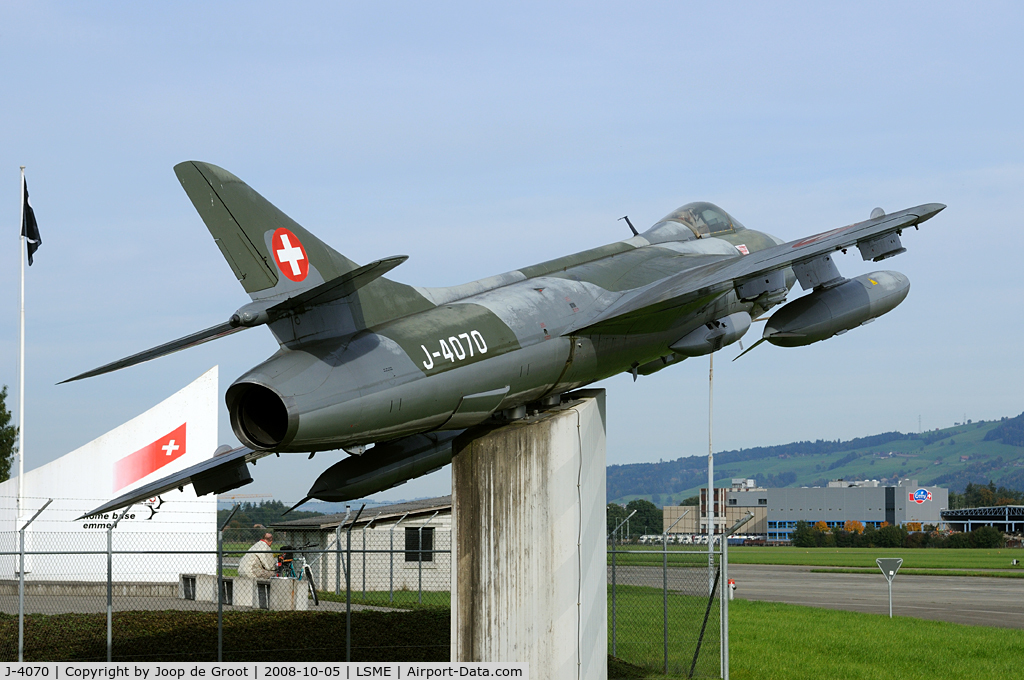 J-4070, Hawker Hunter F.58 C/N 41H-697437, This Hunter is now preserved at the gate of Emmen air base.