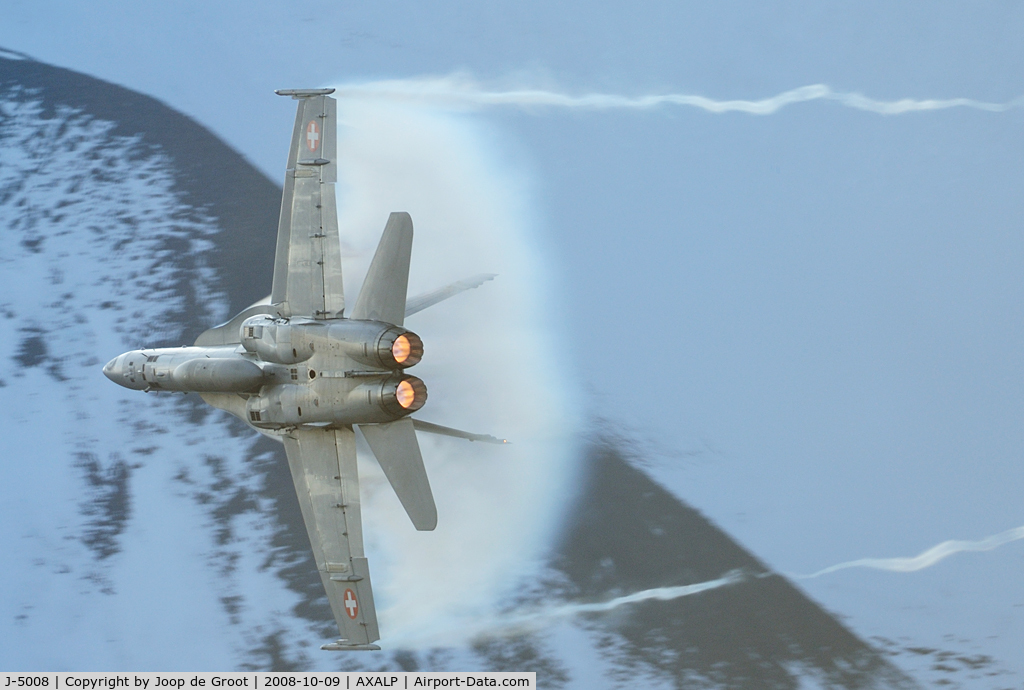 J-5008, McDonnell Douglas F/A-18C Hornet C/N 1336/SFC008, One of the spectacular images taken during the Axalp air to ground shooting exercise.