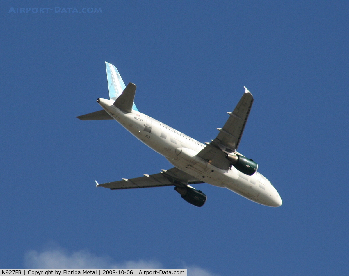 N927FR, 2004 Airbus A319-111 C/N 2209, Frontier Flip the Dolphin flying over Orlando Executive Airport