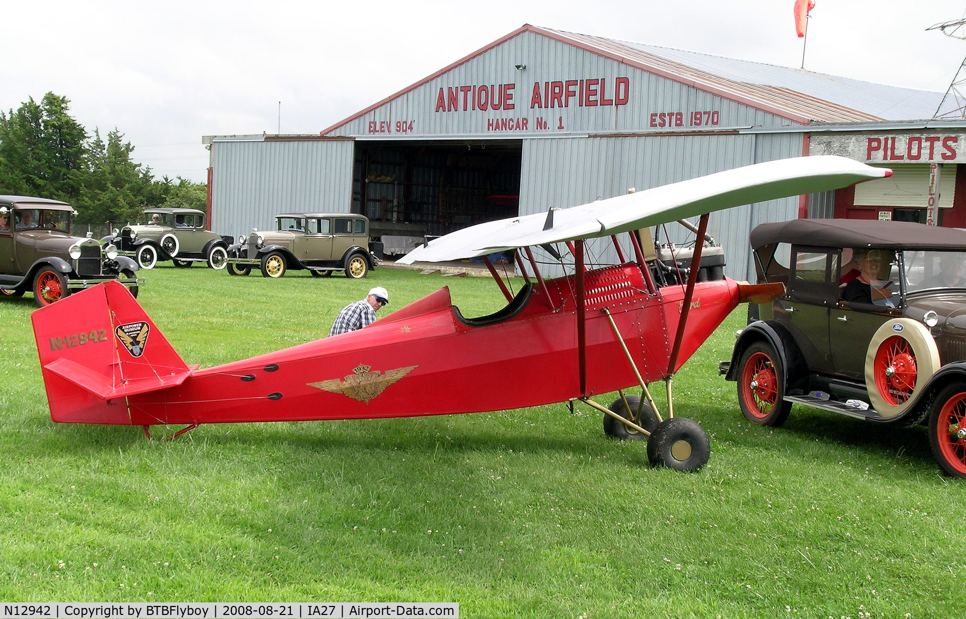 N12942, 1972 Pietenpol Sky Scout C/N SL1, The APM's Model A Ford powered Pietenpol Sky Scout with a group of Model A Ford's at Antique Airfield near Blakesburg, IA