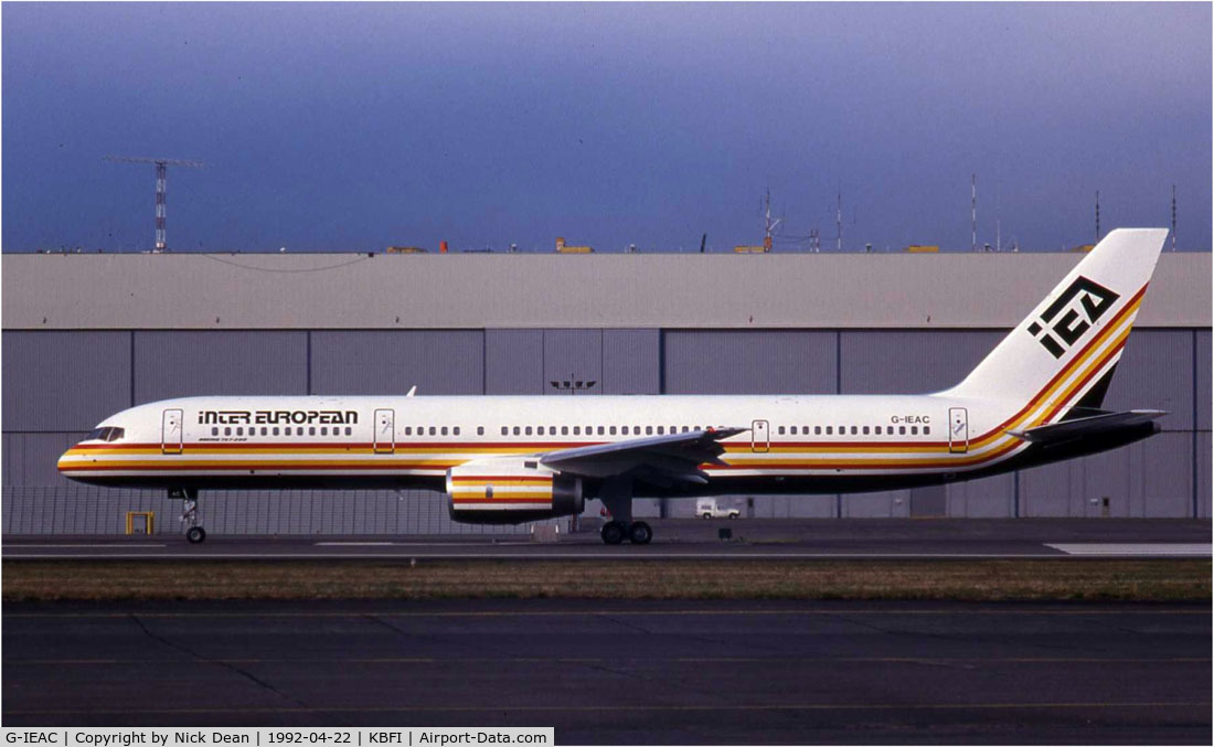 G-IEAC, 1992 Boeing 757-236 C/N 25620, Scanned from a slide taken before the Georgetown Aviation hangars were built which are occupied by Bill Gates and Starbucks