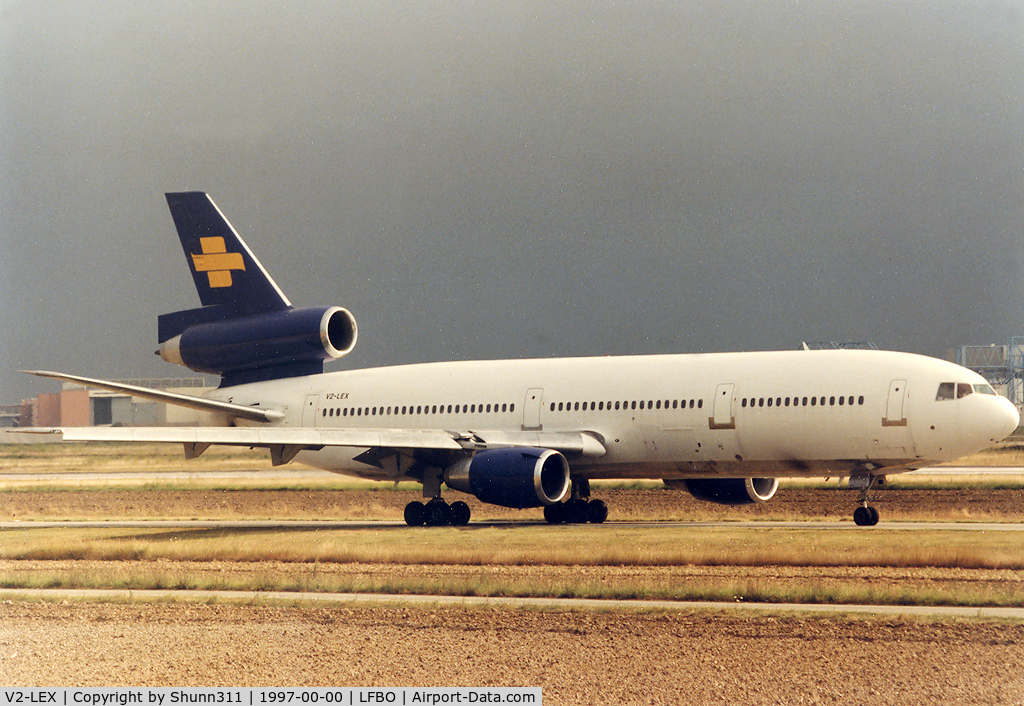 V2-LEX, 1980 McDonnell Douglas DC-10-15 C/N 48258, Rolling holding point rwy 14L for departure...